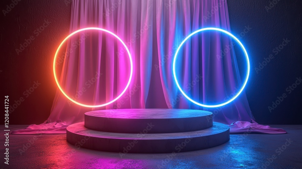 Neon circles illuminate a two-tiered platform before a draped backdrop. Neon circles illuminate a two-tiered platform before a draped backdrop.
