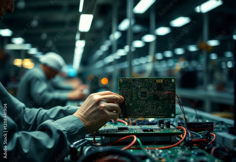 Workers in a clean electronics factory focus on hand assembling circuit boards, showcasing precision and attention to detail.