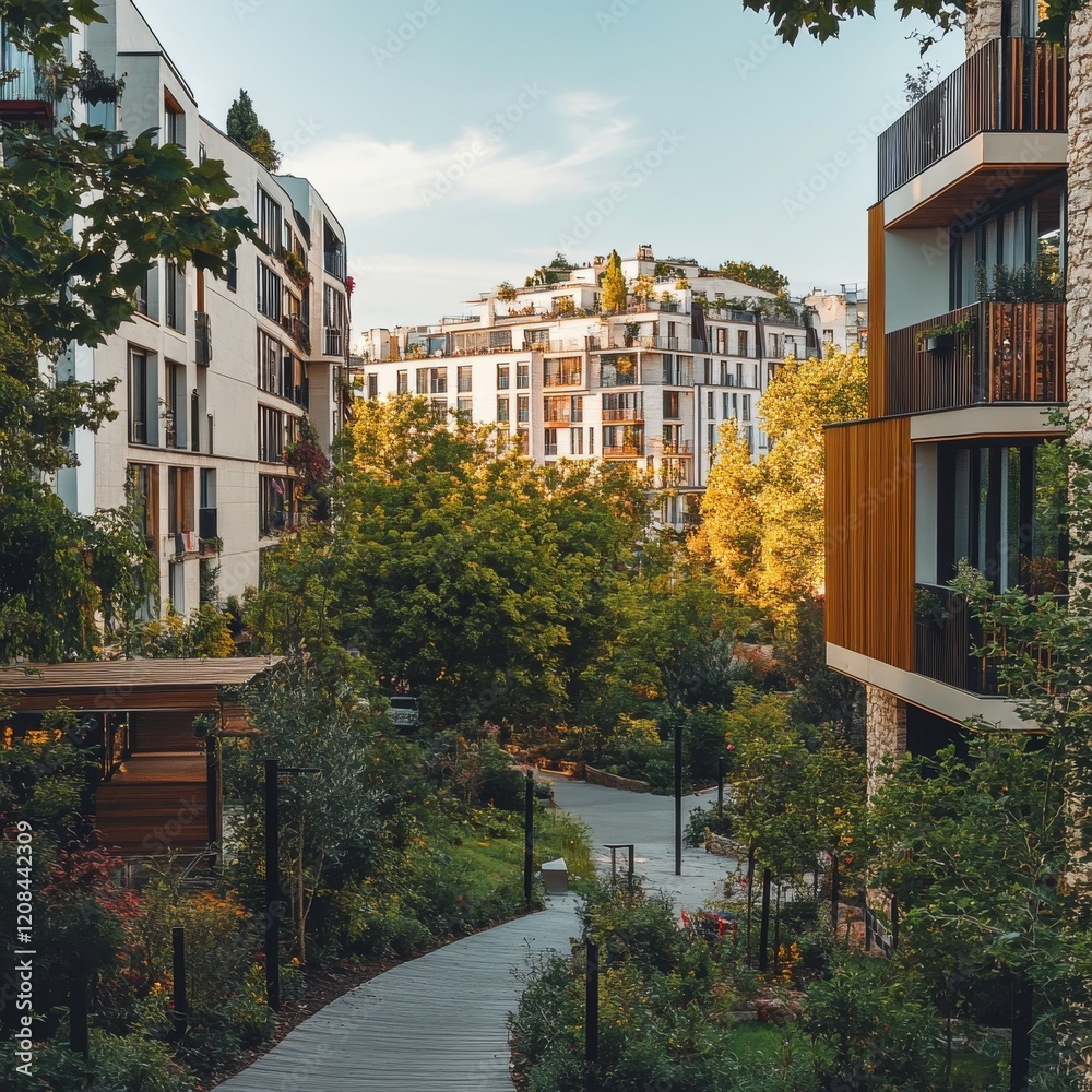 Naklejka premium lush green city with modern and haussmanian residential buildings, Joyful atmosphere 