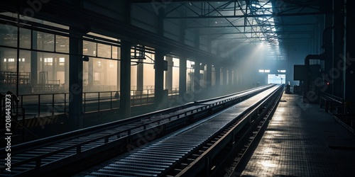 Showcasing silhouettes of automated conveyor belts in industrial warehouse photography dimly lit environment for enhanced visual impact