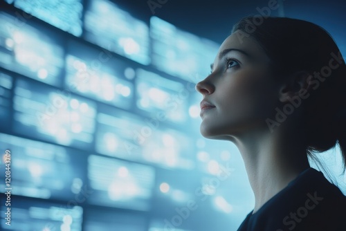 Woman contemplates equal access amidst digital displays photo