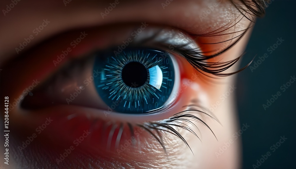 Fototapeta premium close up of female eye with 0 and 1 binary code imprinted in it. 