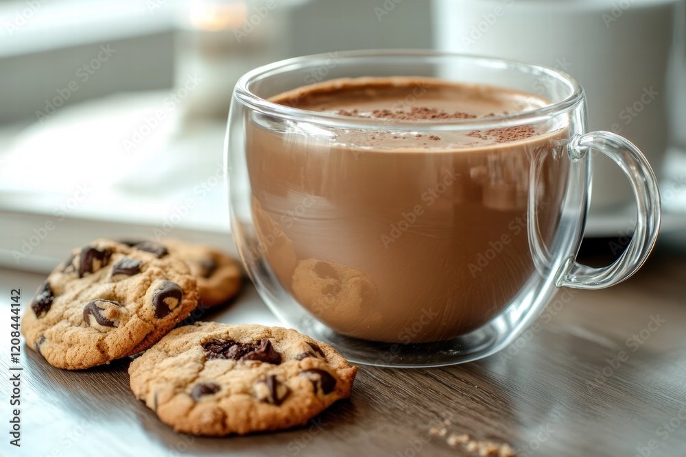 Warm mochaccino and fresh cookies enjoyed at a cozy kitchen table Warm mochaccino and fresh cookies enjoyed at a cozy kitchen table