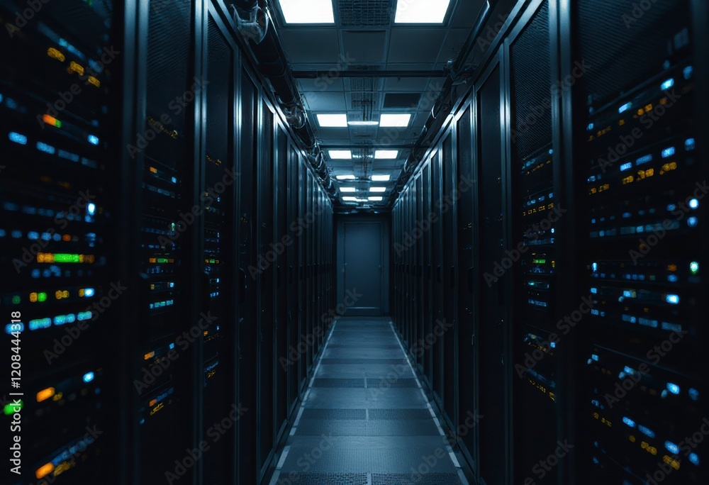 Fototapeta premium A dark data center features numerous operational server racks, showcasing a high-tech environment with illuminated lights.