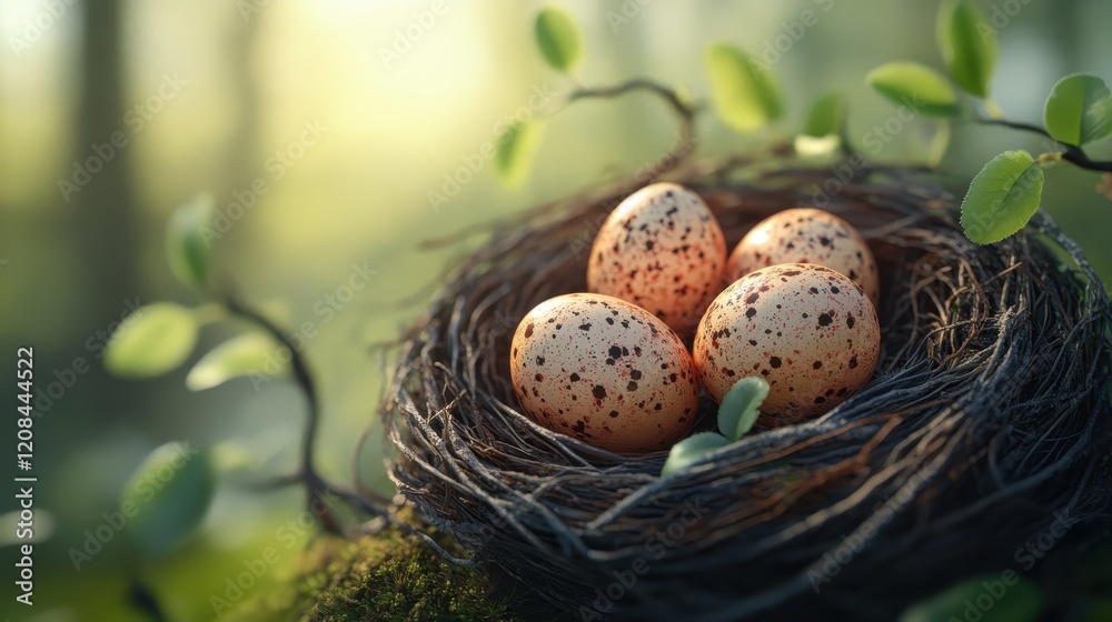 Fototapeta premium Springtime easter eggs in a nest for holiday greeting card design