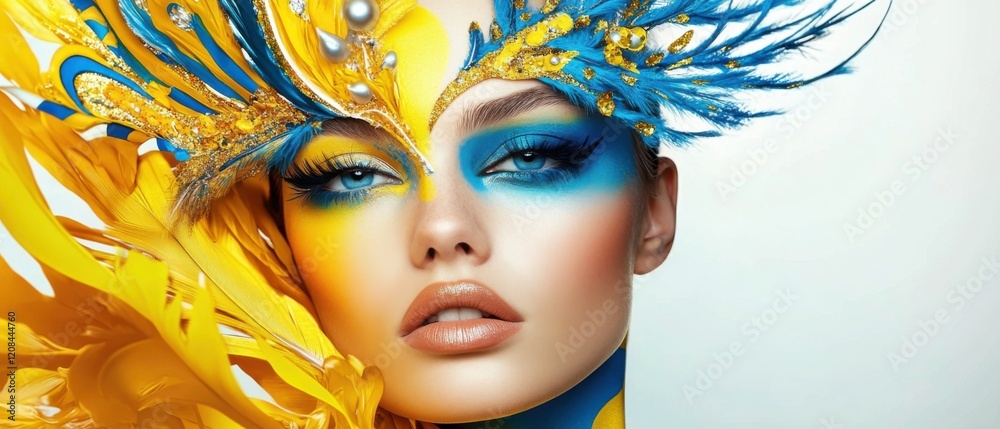 Naklejka premium Portrait of a Young Woman with Vibrant Blue and Yellow Makeup and Feathers Beauty, Fashion, and Art Photography