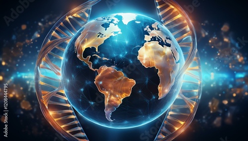 a glowing earth encircled by double helix dna strands symbolizing global genetic research and the interconnectedness of life on our planet the image evokes a sense of scientific discovery and the m