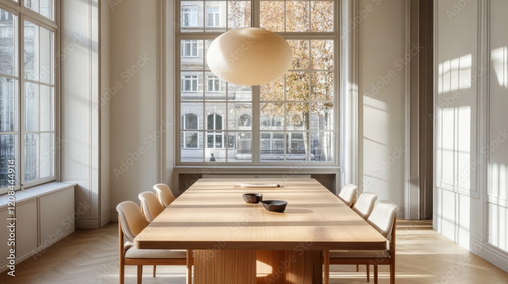Sunlit dining room with a large wooden table and paper lantern, featuring a view of the urban street Sunlit dining room with a large wooden table and paper lantern, featuring a view of the urban street