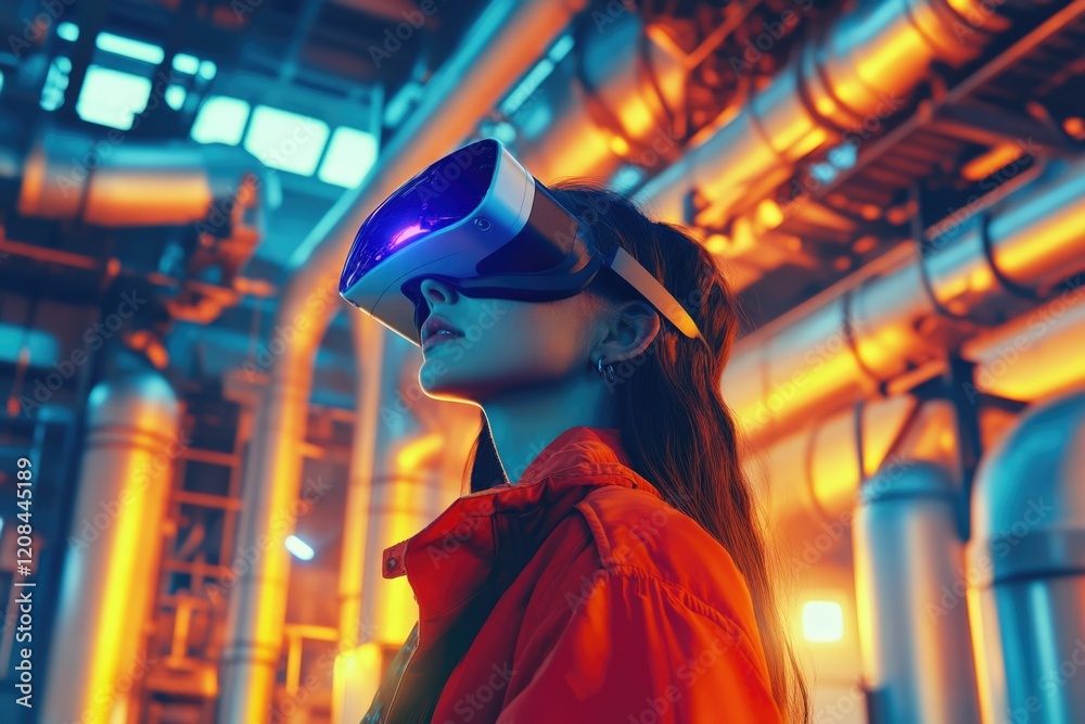 Woman in red jacket uses VR headset in futuristic industrial setting, exploring virtual worlds.