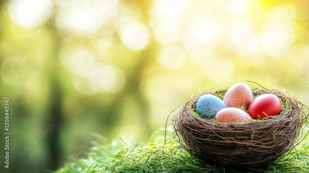 Nest with Colorful Easter Eggs nestled in Green Grass with. Festive Spring Background Nest with Colorful Easter Eggs nestled in Green Grass with. Festive Spring Background