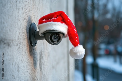 Security camera decorated with festive Santa hat for holiday cheer photo