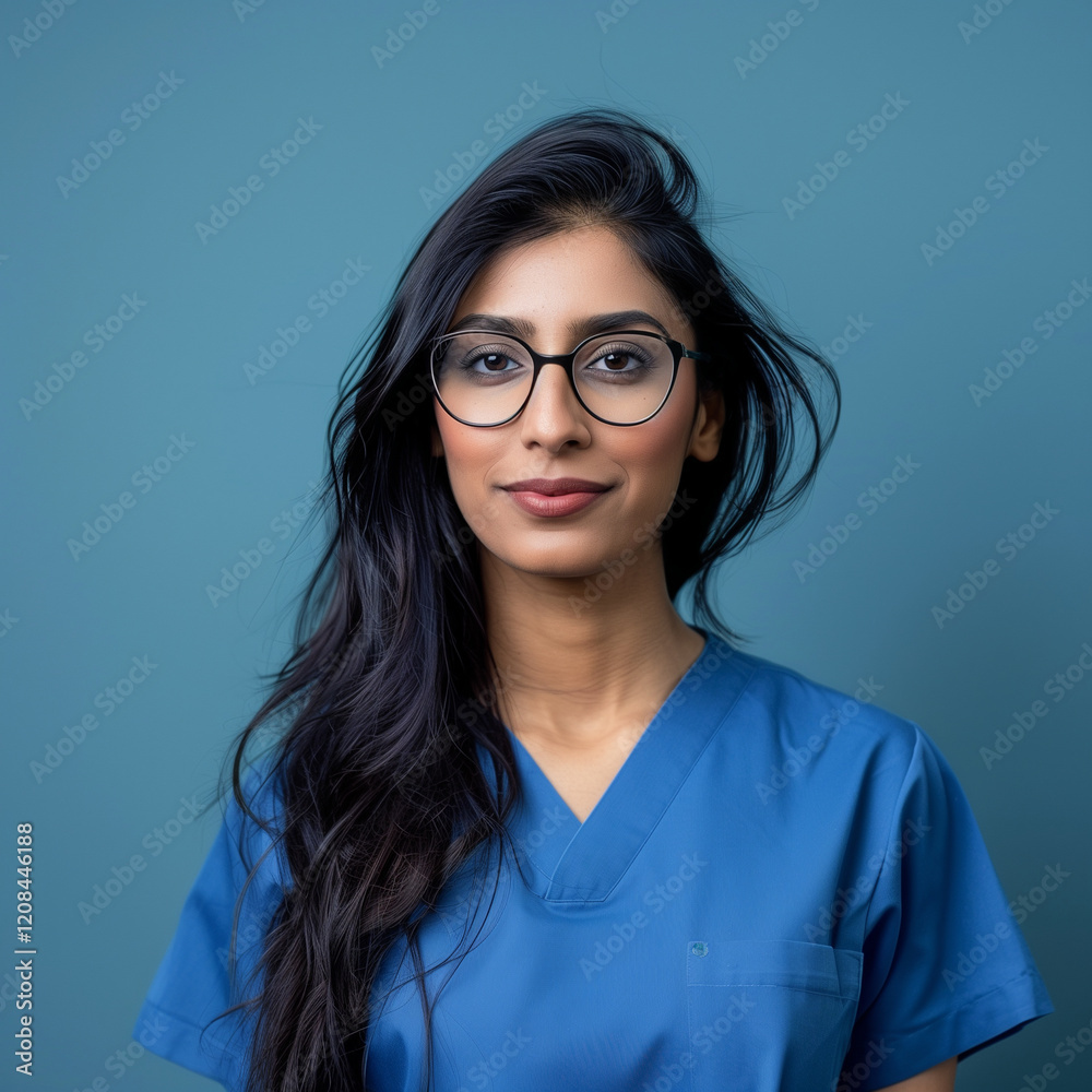 Obraz premium A woman wearing a blue scrubs shirt and glasses