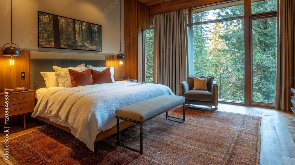 Obraz premium Stylish hotel bedroom interior with bed and armchair, bench on carpet, hardwood floor. Wooden sleep and relax space, nightstand with decoration. Panoramic window on countryside. 3D rendering