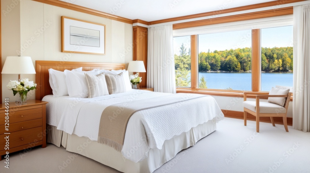Obraz premium Elegant bedroom with a king size bed, layered bedding, and a large window showcasing a peaceful lake