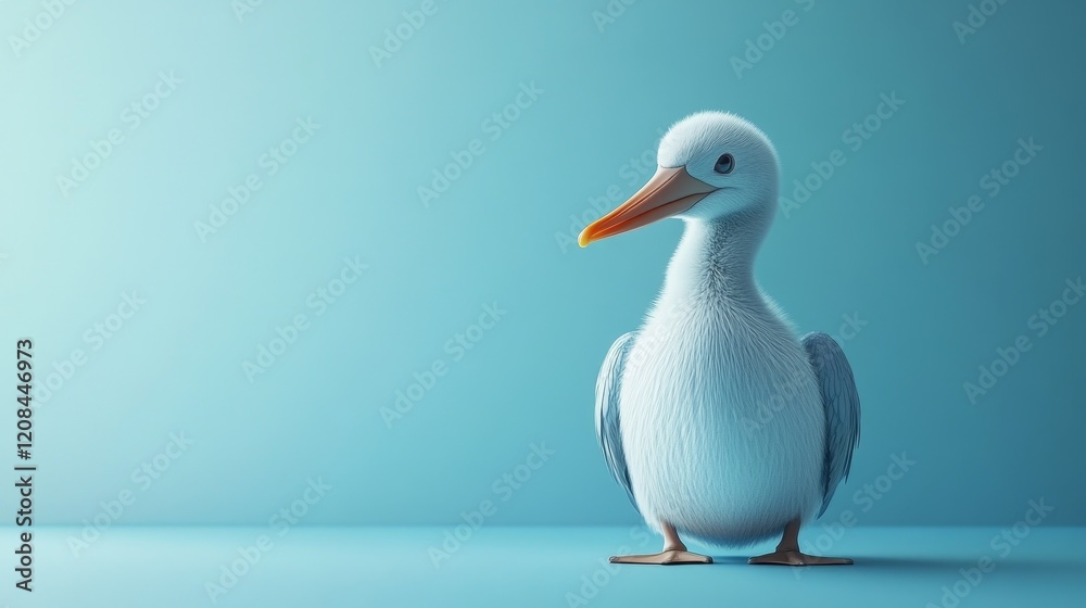 Fototapeta premium A baby bird with orange beak stands on a blue background