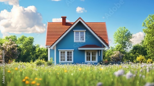 Wallpaper Mural Charming blue house in a sunny flower field with clear blue sky Torontodigital.ca
