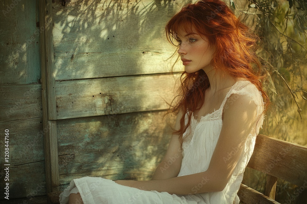 Fototapeta premium Redhead woman in white dress sits on weathered wooden bench, bathed in sunlight and shadow.