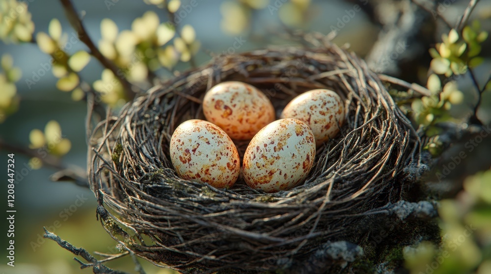 Fototapeta premium Easter eggs in twig nest with budding branches in swedish springtime