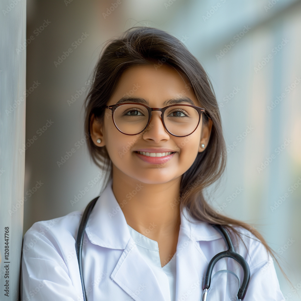 A woman wearing a white lab coat and glasses is smiling for the camera A woman wearing a white lab coat and glasses is smiling for the camera