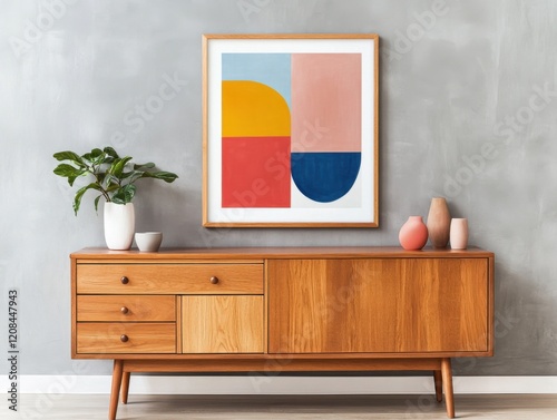 Stylish wooden dresser in a mid century modern design, featuring bold abstract decor pieces in vibrant colors, a framed artwork with pops of red