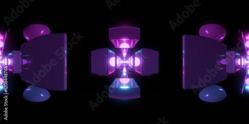 360-Degree View VR Tunnel with Geometric Objects and Illuminated by Blue and Purple Neon Lights 3d Illustration