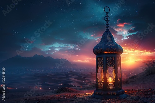 Ornate Lantern Illuminates Desert Landscape Under Starry Night photo