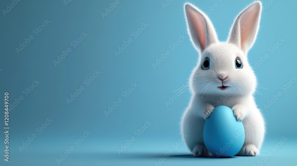 Cute white rabbit with blue easter egg on light blue background Cute white rabbit with blue easter egg on light blue background