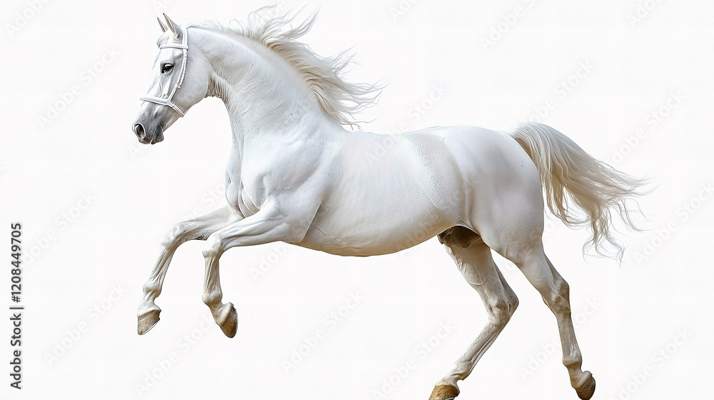Elegant White Andalusian Stallion Rearing Isolated on White Background