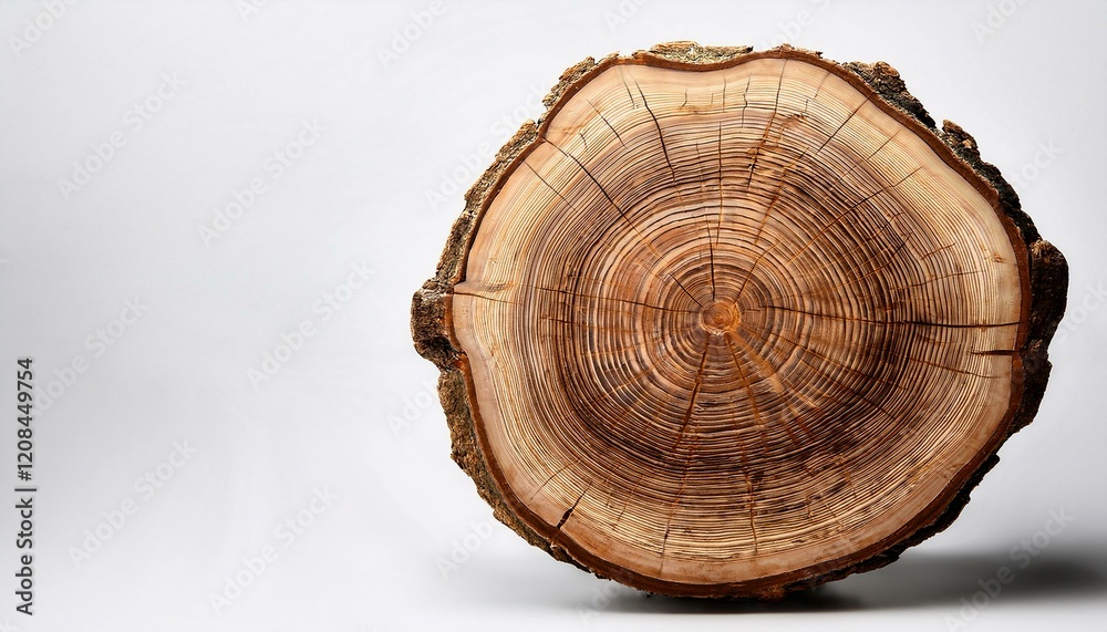 Fototapeta premium cross section of tree trunk showing growth rings isolated on white background copy space for text