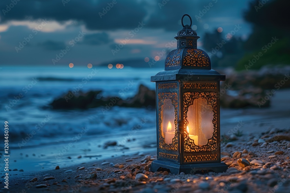 Illuminated Lantern on a Beach at Dusk Illuminated Lantern on a Beach at Dusk