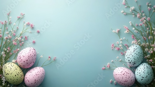Ultra realistic easter composition with speckled eggs and pink flowers on blue background