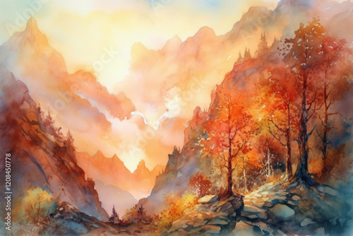 sunrise in the mountains, watercolor.  watercolor style, Generative AI