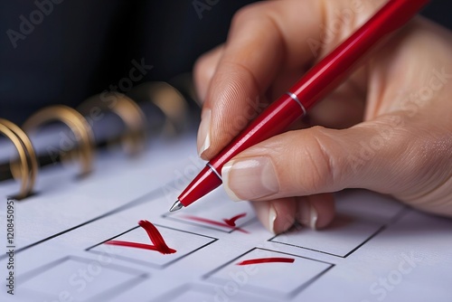 Person Checking Off Box with Red Pen