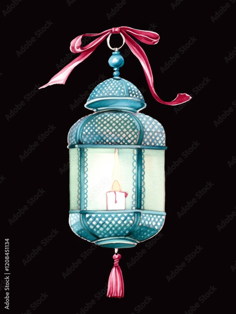 Teal lantern with a lit candle inside, adorned with a crimson ribbon. Teal lantern with a lit candle inside, adorned with a crimson ribbon.