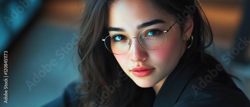 Closeup portrait of a beautiful young biracial woman with long dark hair wearing round gold glasses, looking directly at the camera with a serious expression, indoors with a blurred background