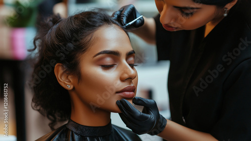 A woman is getting her eyebrows waxed by a woman in a black shirt photo