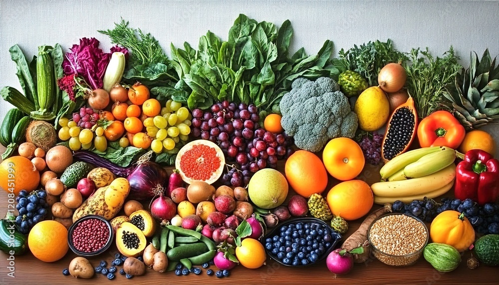 A colorful array of fresh fruits, vegetables and grains arranged on the table, representing an abundance in healthy eating A colorful array of fresh fruits, vegetables and grains arranged on the table, representing an abundance in healthy eating
