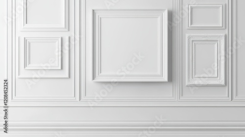 Elegant white wall with decorative moldings and empty picture frames photo