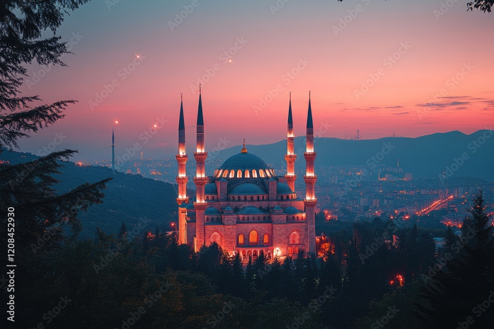 Obraz premium Majestic Mosque at Sunset Over Cityscape