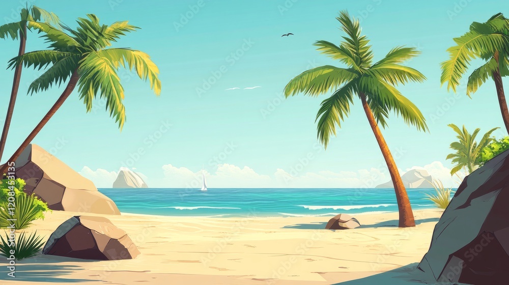 On a sunny day, a tropical beach with palm palms On a sunny day, a tropical beach with palm palms
