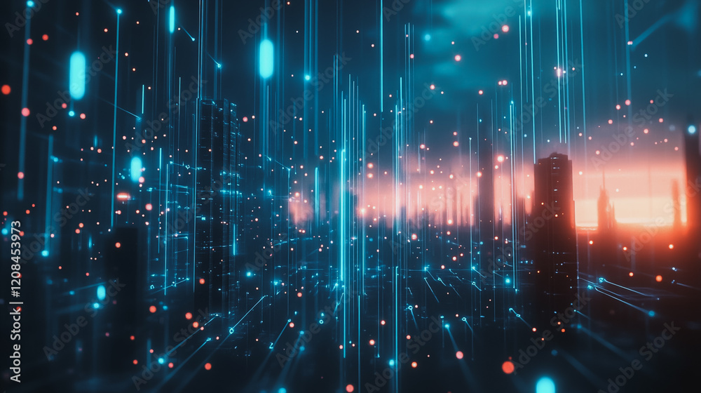 Obraz premium Smart digital Innovation city with connection network reciprocity over the cityscape. of future smart wireless digital city and social media networking systems that connects people with in city