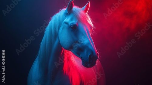 Majestic Horse Illuminated by Vibrant Colors and Smoke Effects