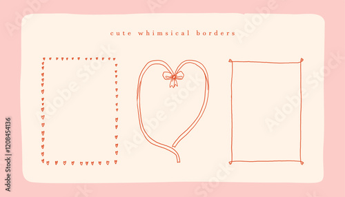 Collection of 3 decorative whimsical Valentines day frames in girly coquette style. Heart shaped borders with ribbon bow. Invitation template. A4 card size. Vector hand drawn graphic set