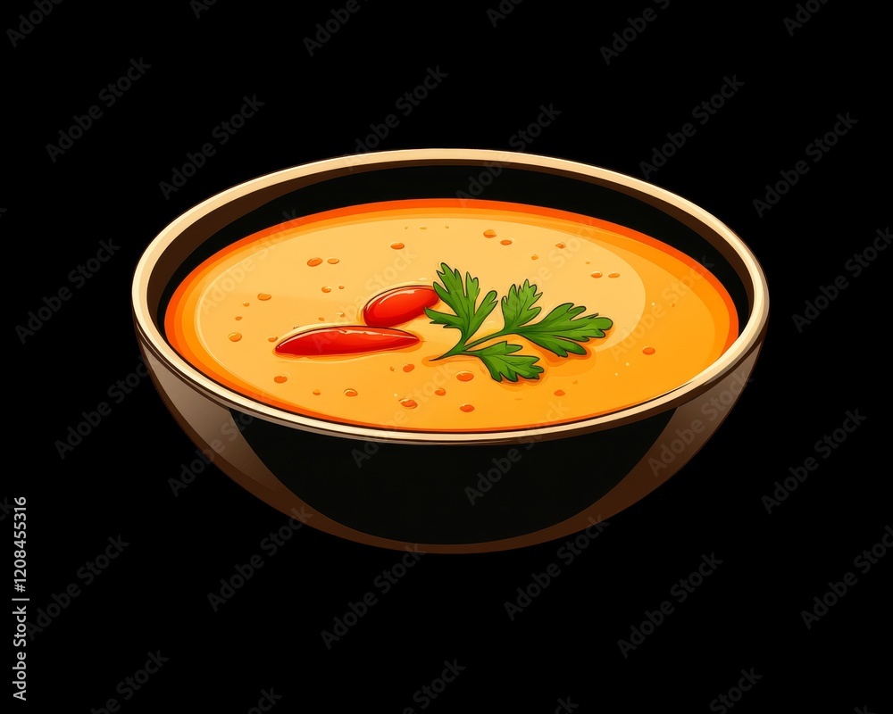 Creamy orange soup in a dark bowl, garnished with parsley and red peppers. Creamy orange soup in a dark bowl, garnished with parsley and red peppers.