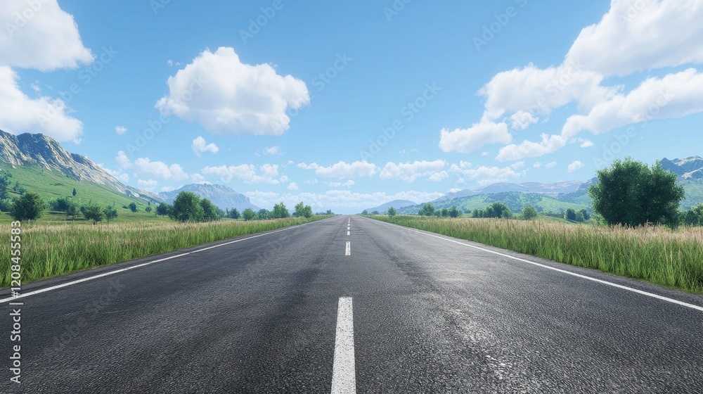 Fototapeta premium Scenic open road in countryside with clear blue sky and lush greenery