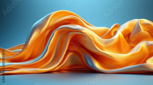 A beautiful display of smooth satin fabric with elegant folds and drapes in vibrant orange against a blue background, showcasing its luxurious texture.