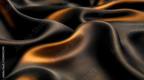 An artistic close-up of luxurious black satin fabric gently draped, showcasing smooth texture and flowing curves with a hint of gold, creating an elegant background.