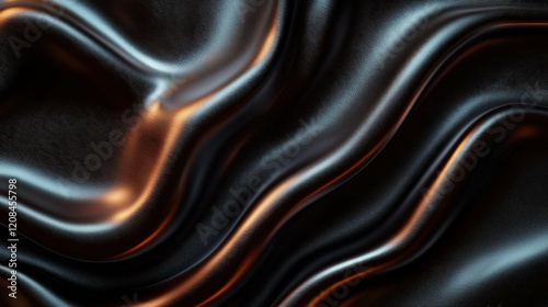 A close-up of draped satin fabric showcasing smooth, flowing textures with shiny highlights. The fabric appears silky and luxurious with a deep black color.