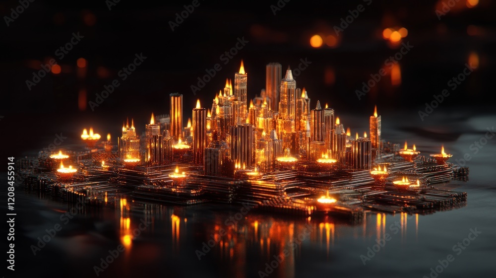 Obraz premium Burning city island, night, reflection, festival, artwork