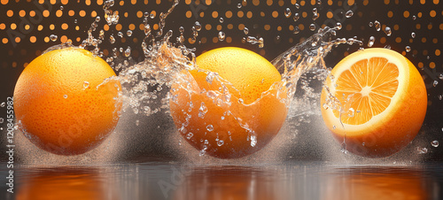 orange fruits falling into splash